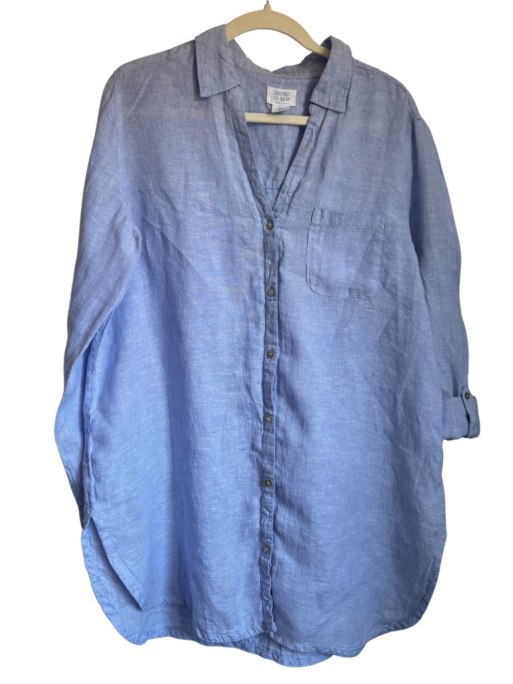 Sigrid Olsen Light Blue Linen Button-Down Shirt Roll Sleeve L
